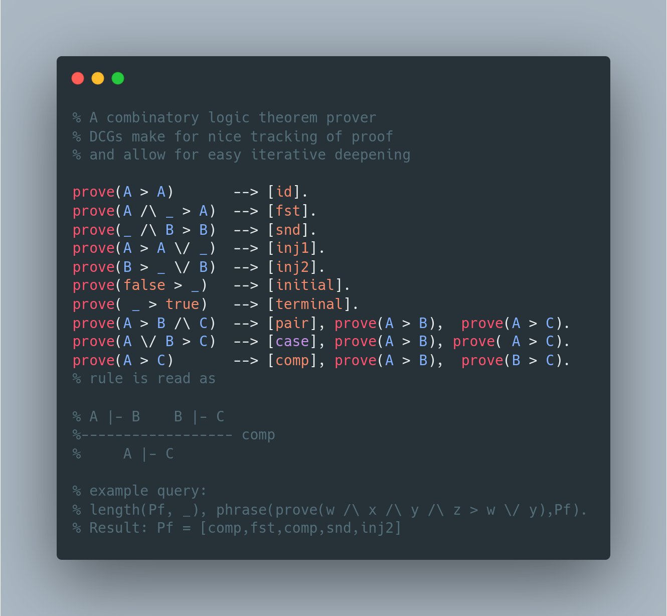 A fun usage of definite clause grammars  https:// metalevel.at/prolog/dcg in prolog. A little category flavored combinatory logic prover. DCG tracks p
