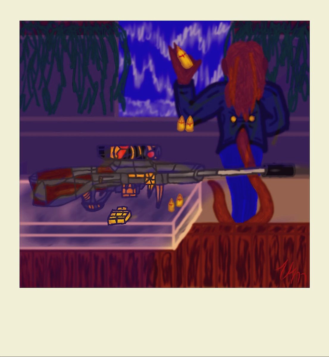 TheVoidMonarch's tweet photo. A homemade weapon lays before you. The monkey, Anton Demercer, presents the bullets to the weapon just inches away from your paws. 

"The Markers Confidence, capable of making an armada of tanks bow with one shot. The round tears through armour like malleable dough." 

Enjoy https://t.co/7f8Z3DTD2y