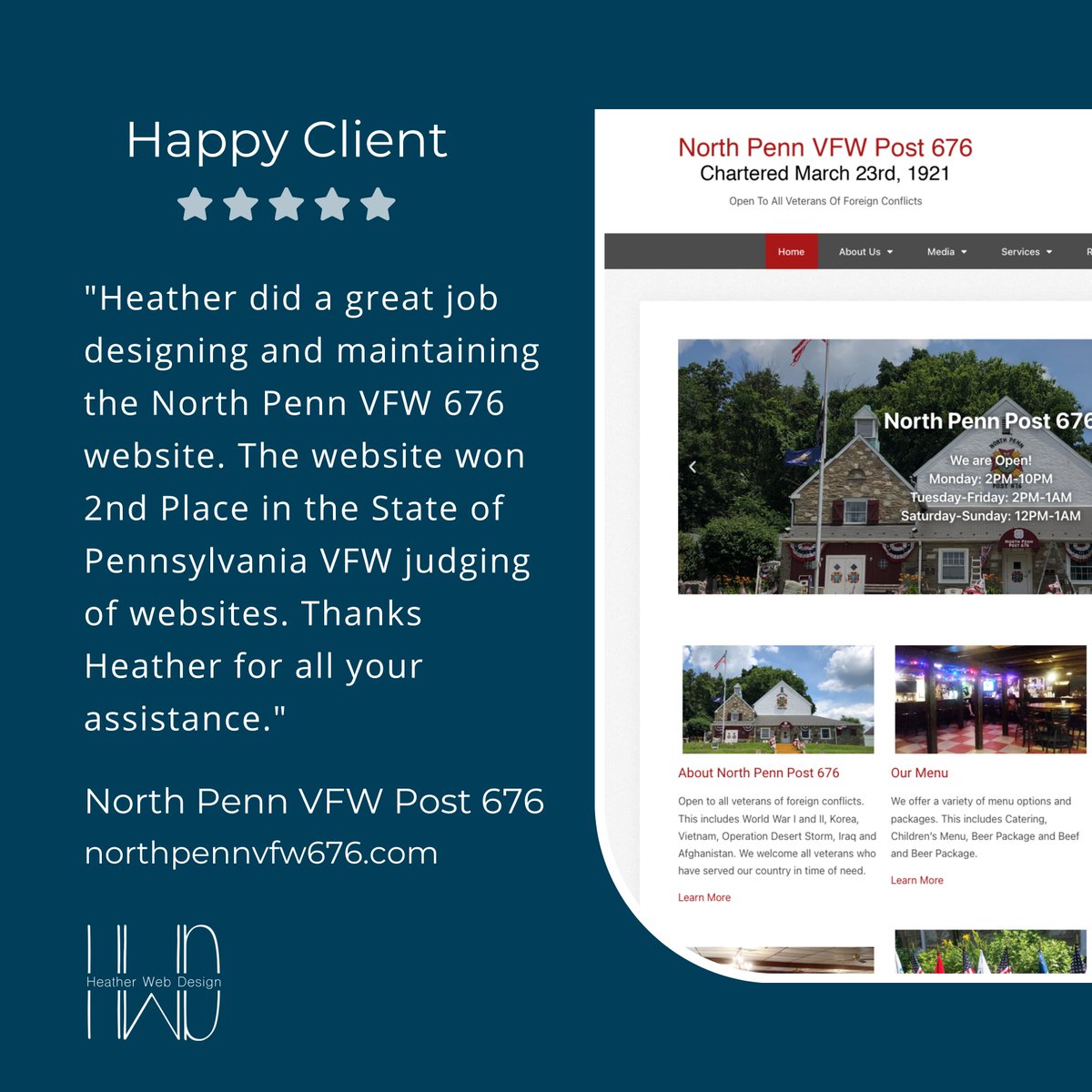 HeatherJTeter's tweet image. Happy Clients - Tom at North Penn VFW Post 676 | northpennvfw676.com

More at heatherwebdesign.com

#heatherwebdesign #mobiledesign #mobilewebsite #webdesign #wordpress #wordpresswebsite #website #websitedesign