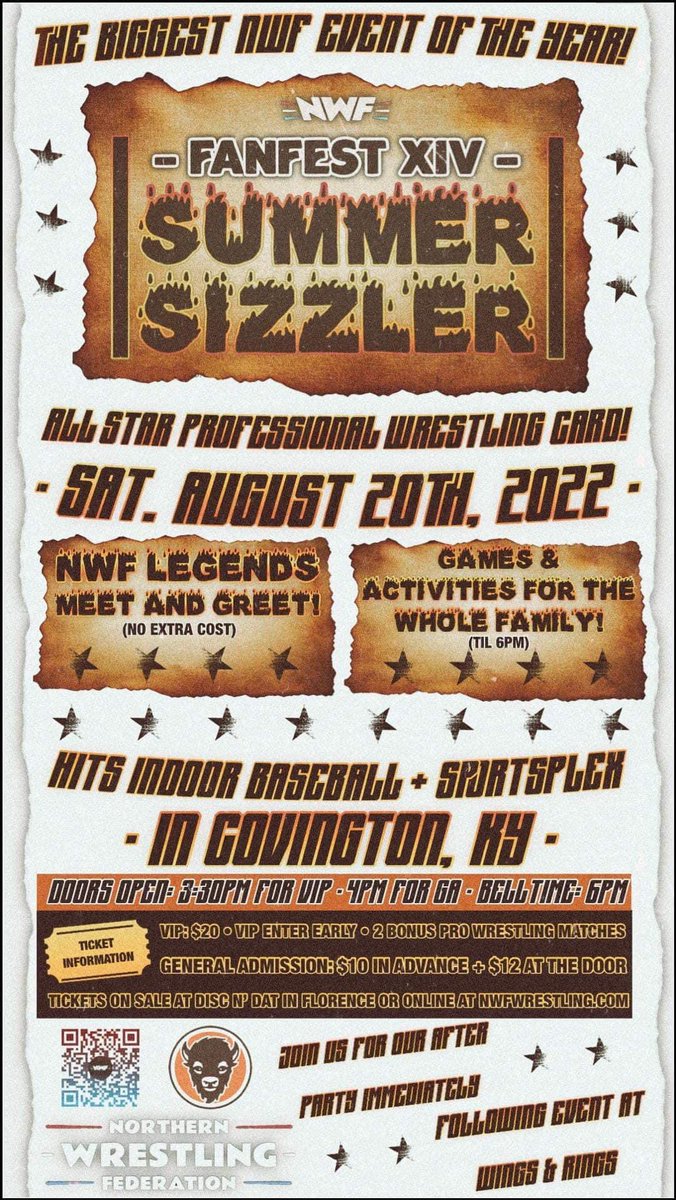SwingerFitz's tweet photo. One week away from the biggest day on the @nwfwrestling calendar

#FanFestXIV #SummerSizzler 

Front Row VIP is sold out
2nd Row VIP is close to selling out
GA still available 

🎟 https://t.co/MdWiSGhaPO https://t.co/bgEdsoZKom