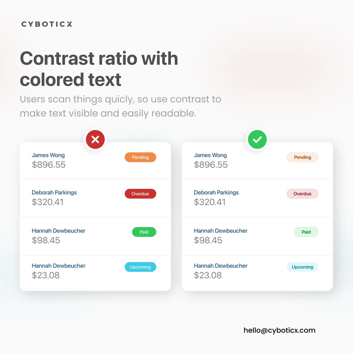 cyboticx's tweet photo. Use contrast to make text visible and easily readable.
-
For more tips, quotes & news about the industry make sure to follow us!
-
Looking to work with us? Say hello@cyboticx.com
-
#ui #ux #design #fonts #typography #emptystates #tip #quicktip #webdesign #appdesign https://t.co/TehPv0bPKD