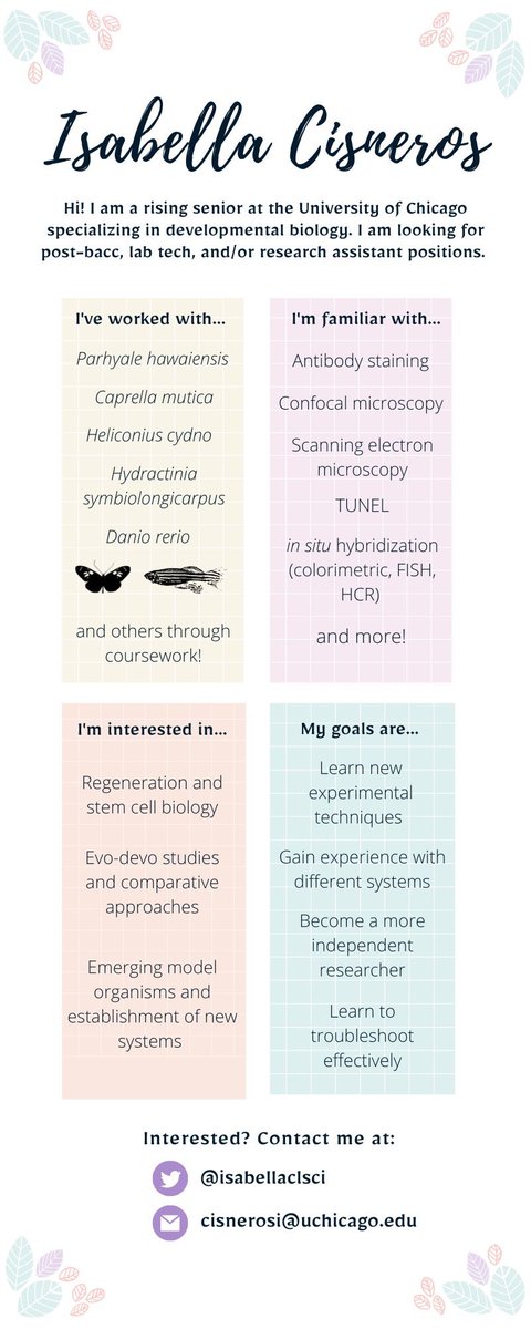 Looking for a research assistant or post-bacc student? You’re in luck! I’m currently searching for a position following my graduation from UChicago in June 2023. To learn more about me and what I can do, check out the infographic below! 👩🏽‍🔬