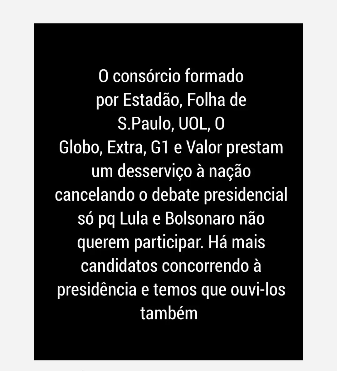Lamentável a decisão do consórcio de imprensa. Infelizmente para a imprensa, o que "vende" são polêmicas e não propostas.
<a href="/Estadao/">Estadão 🗞️</a> <a href="/folha/">Folha de S.Paulo</a> <a href="/valoreconomico/">Valor Econômico</a> <a href="/UolOficial2/">UolOficial</a> <a href="/jornalextra/">Jornal Extra</a> <a href="/g1/">g1</a> ,  se vcs querem realmente ajudar, mantenham o debate sem Bolsonaro e Lula!