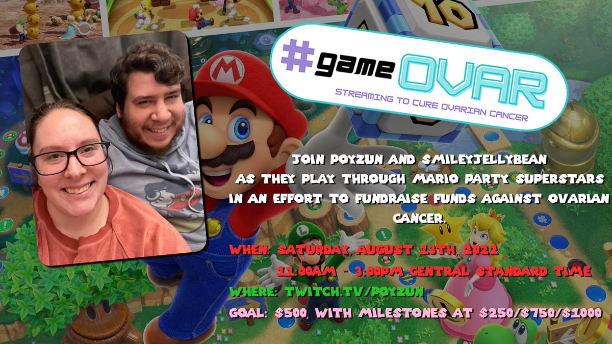 Poyzun11's tweet photo. G'morning folks!
It's time to kick ovarian cancers butt as wifey and I pit it out in Mario Party Superstars to raise funds for #GameOVAR!
Come join us as shenanigans ensue.. most of which you can make happen!
We're shooting for a goal of at least $500!
https://t.co/pLZbiyWZPD https://t.co/zBRi1nuhZl