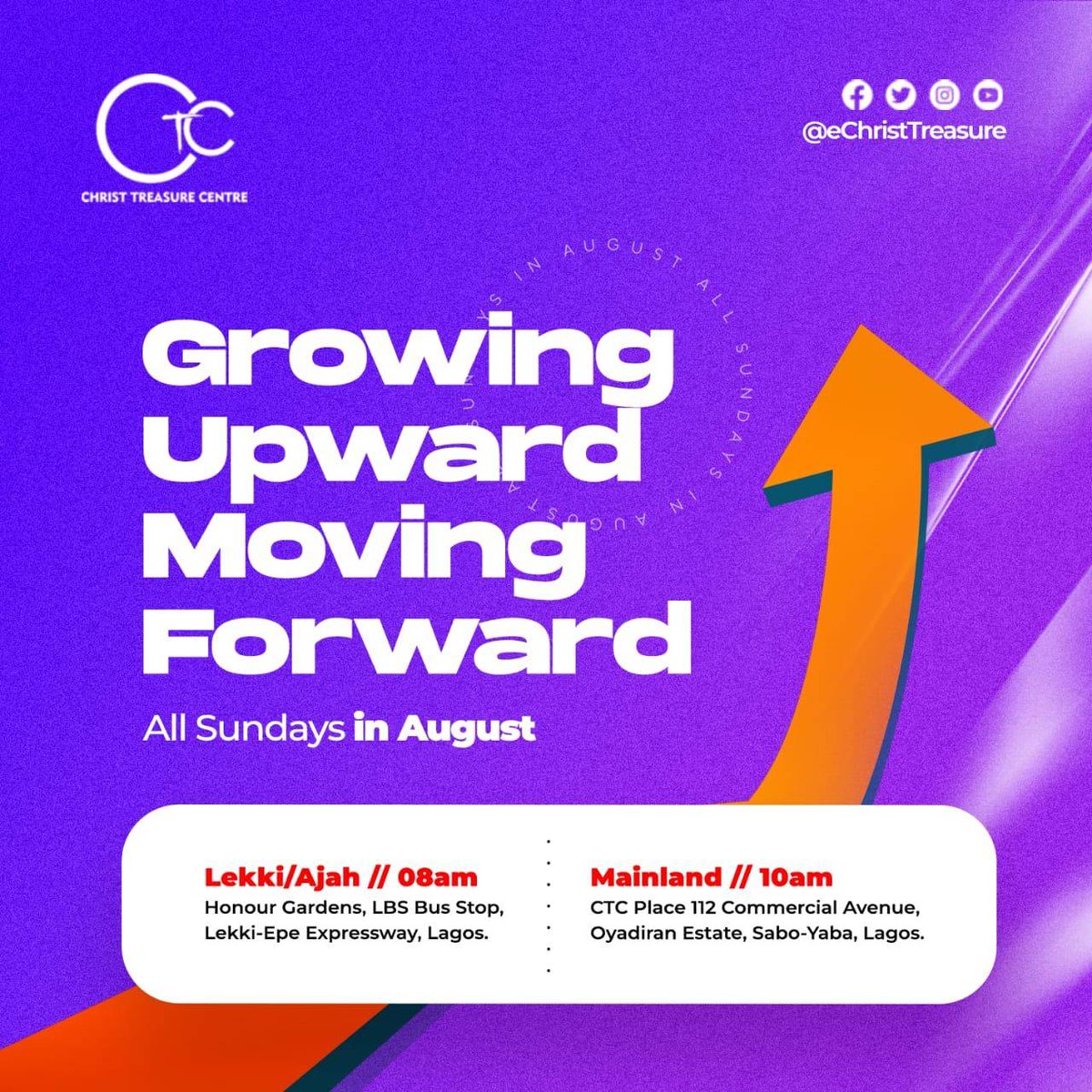 CTCHq1's tweet photo. “Arise, shine; for your light has come, and the glory of the Lord has risen upon you. Isaiah 60:1

Join us every Sunday in August as we learn to grow upward and move forward at 8 am and 10 am at our Lekki and Yaba Centres respectively.

#Sundayservice
#CTC_online
#instagood https://t.co/zMP4PkYqVo