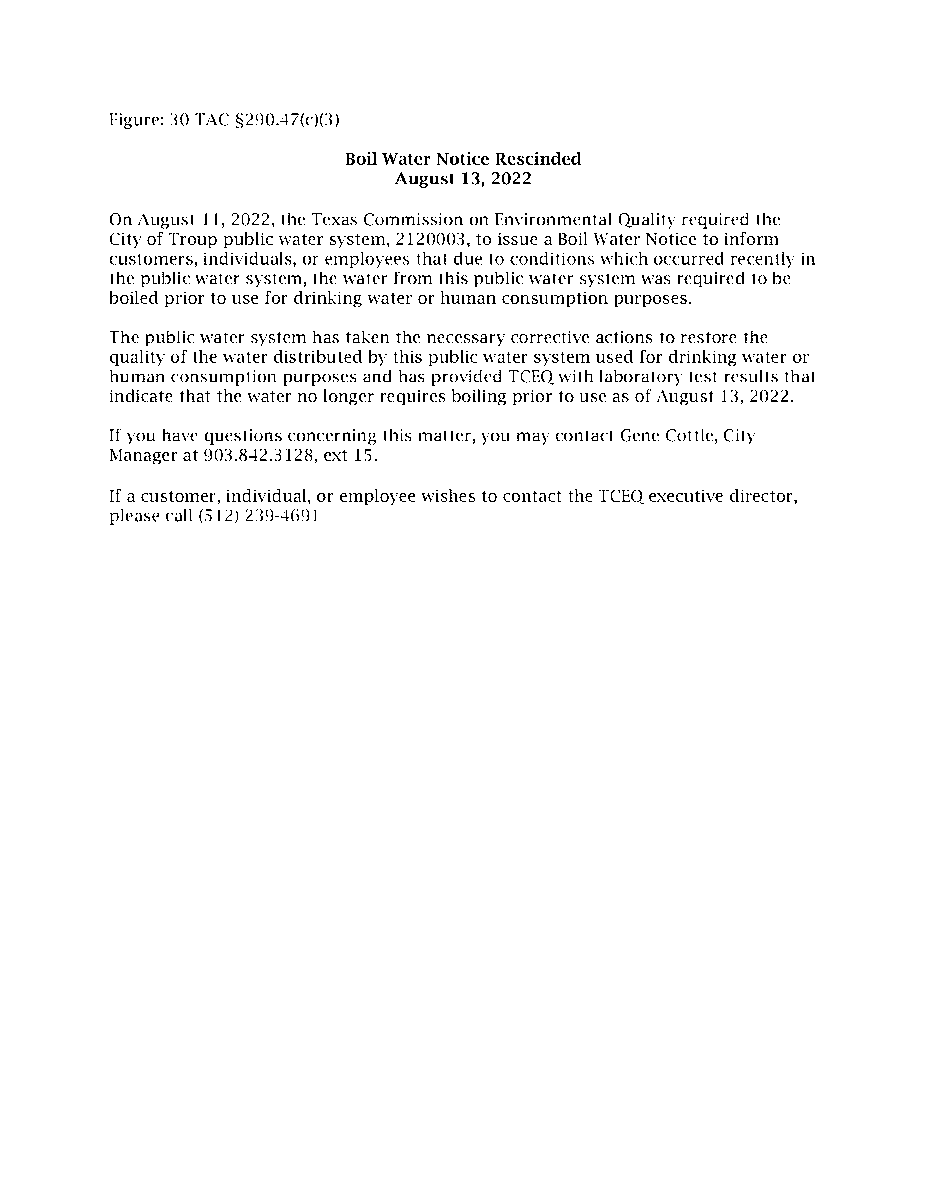 TroupTexas's tweet photo. TROUP'S BOIL WATER NOTICE HAS BEEN RESCINDED.
Troup's water has been tested and is safe for all uses. https://t.co/ZNbnnnuVeN