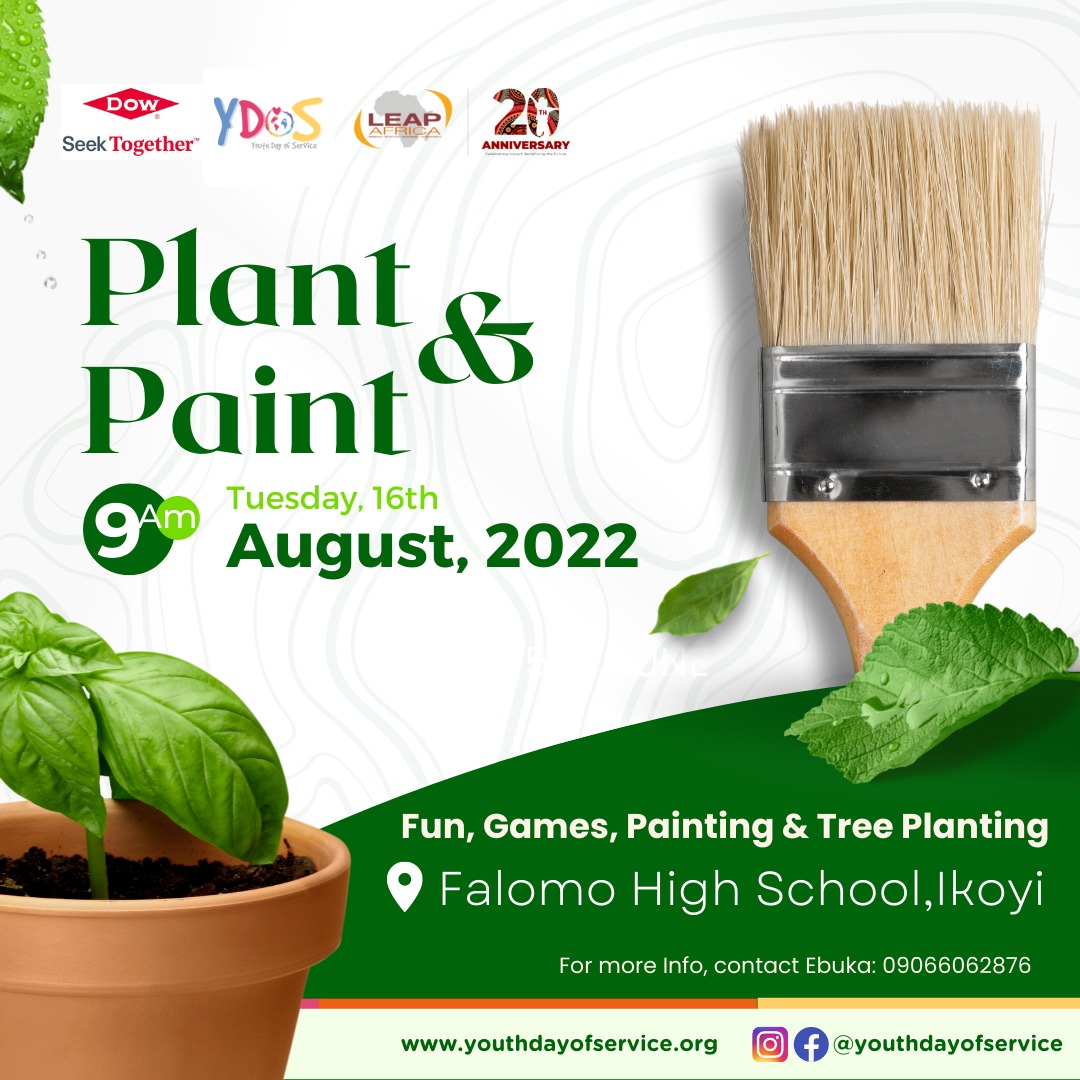 The team will on Tuesday, August 16th 2022 dedicate its time and resources to tree planting and a colourful face lift of the Falamo High School, Ikoyi. 

TIME: 9AM
Venue: Falamo High School, Ikoyi. 
Requirements: You with a heart of service.

youthdayofservice.org to volunteer!