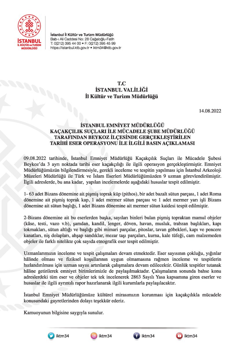 Beykoz'daki Tarihi Eser Kaçakçılığı ile ilgili Basın Açıklaması