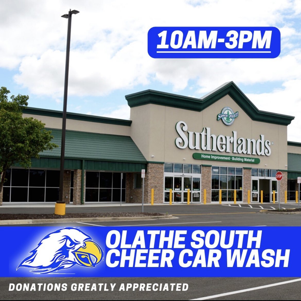 emmaaugustinee's tweet photo. OLATHE SOUTH CHEER CARWASH TODAY‼️ 10-3 at Sutherland’s on 151st and MurLen! Hope to see you there to support your Falcon Cheerleaders!☺️
@OSHS_Cheer @osffbc @ADJohnsonOPS233 @OlatheSouthHS @OS_BirdHouse @ADAthleticsOS https://t.co/20bwokT69P