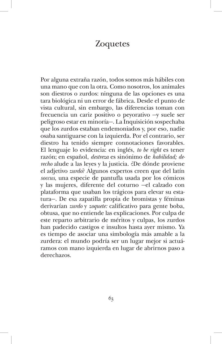 Hoy es el #DiaInternacionaldelazurdera. Compartimos esta columna de <a href="/irenevalmore/">Irene Vallejo</a>, «Zoquetes», incluida en «El futuro recordado». Un abrazo para dos zurdas a las que apreciamos mucho, la propia Irene y la librera <a href="/ParaLamar/">Lamar Salada</a>, y para todos los zurdos y zurdas que andáis por aquí.