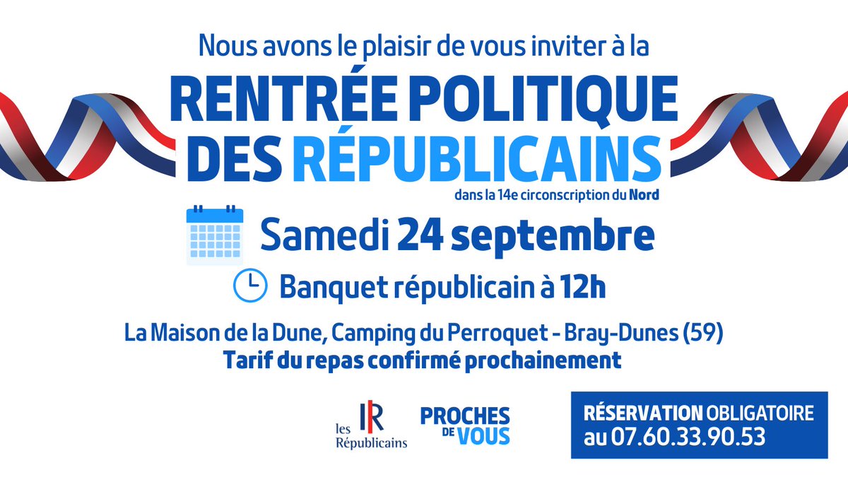 LRFlandreMarit's tweet photo. Raphaël Chombart, délégué de circonscription, Frédéric Devos et Françoise Andries, candidats aux élections législatives, et les membres du comité de la #circo5914,

Ont le plaisir de vous inviter à la rentrée politique des Républicains samedi 24 septembre à 12h à Bray-Dunes ! https://t.co/BnvQM3VYIS