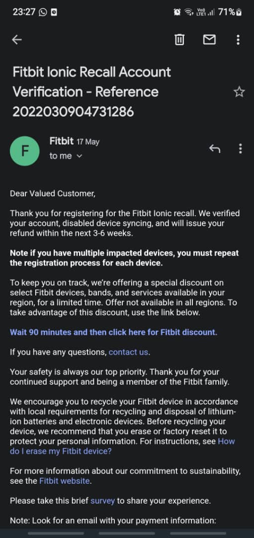 Ionic fitbit refund tweet media