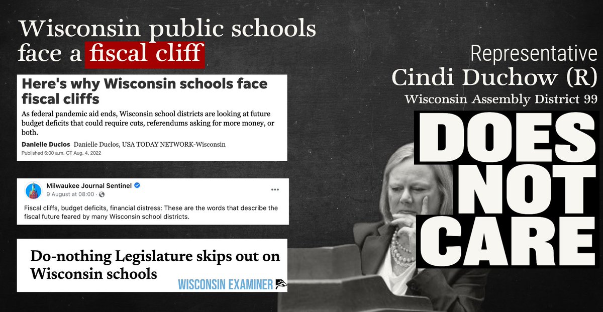 jnorcr's tweet photo. Public education in #Wisconsin faces an impending fiscal cliff.
Assembly Rep #CindiDuchow told school administrators that the #WIGOP will not help.
#RepDuchow DOES NOT CARE about public schools in his district.
#WIAD99 #Delafield #HartlandWI #KettleMoraine #PewaukeeWI https://t.co/xMBzVe75iJ