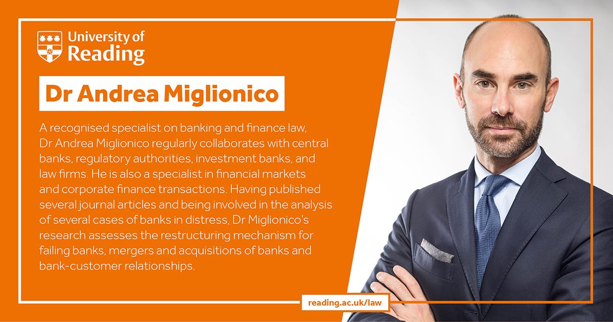 Dr Andrea Miglionico uses his specialist knowledge on banking and finance law to give students the 
knowledge they need for practical work in this area. Andrea directs the Commercial Law PGT 
Programmes. Explore our postgraduate programmes on offer: 
reading.ac.uk/law/masters/ma…”