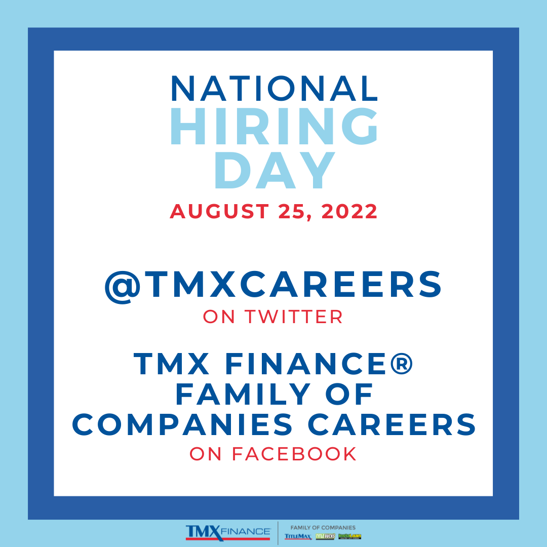 Follow @TMXCareers on Twitter &amp; like TMX Finance® Family of Companies Careers on Facebook! See our current openings &amp; information on what it's like to be part of the Company! Interested in a position? Come to our National Hiring Day on August 25th! >> bit.ly/TMXNHD22