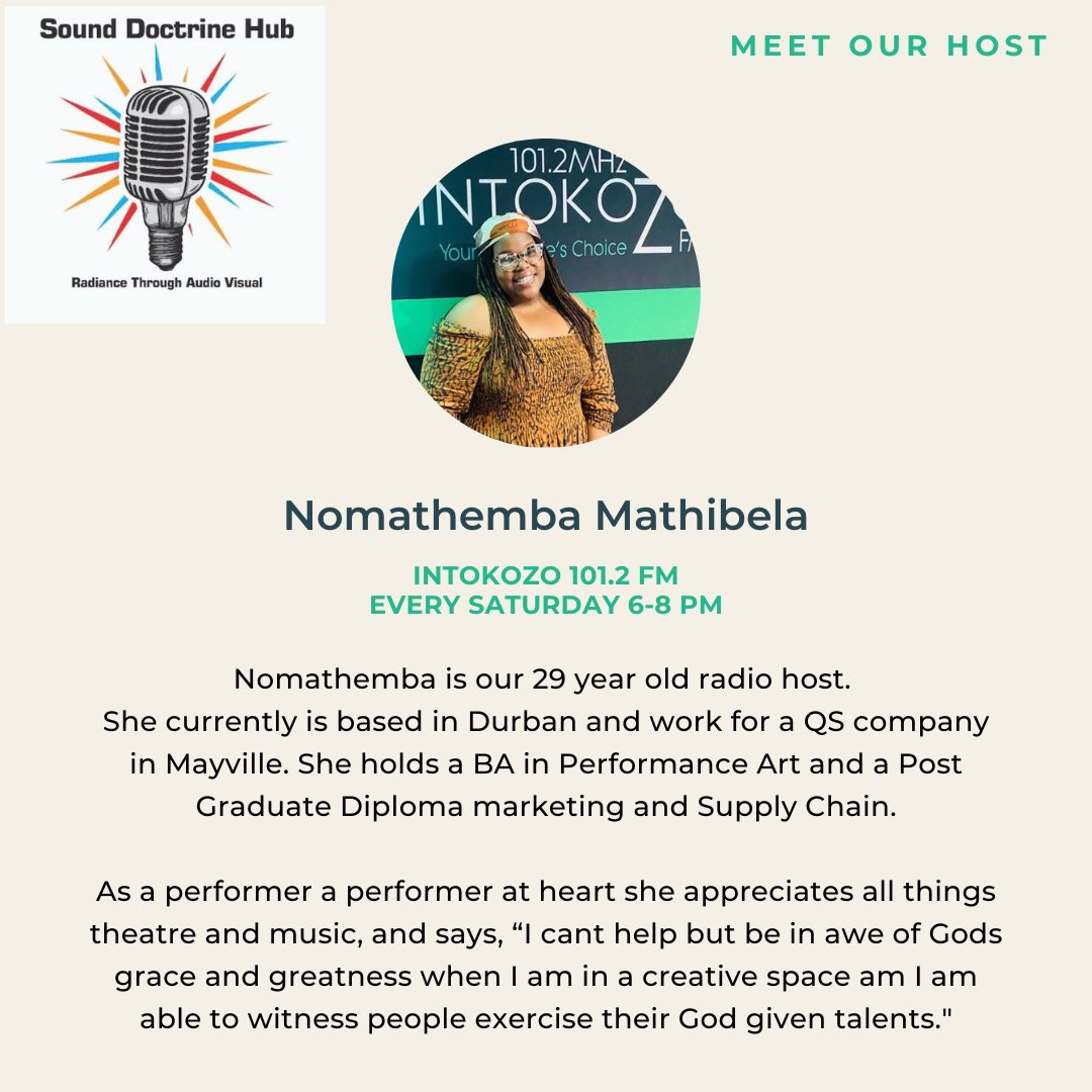 sounddoctrine_h's tweet image. Over the next few weeks, Sound Doctrine Hub is excited to let you know the faces behind Sound Doctrine Hub, and the voices you hear on radio. 

Today we meet our ever so lovely, Nomathemba. 
Catch her every Saturday, 6-8pm!
#sounddoctrinehub
