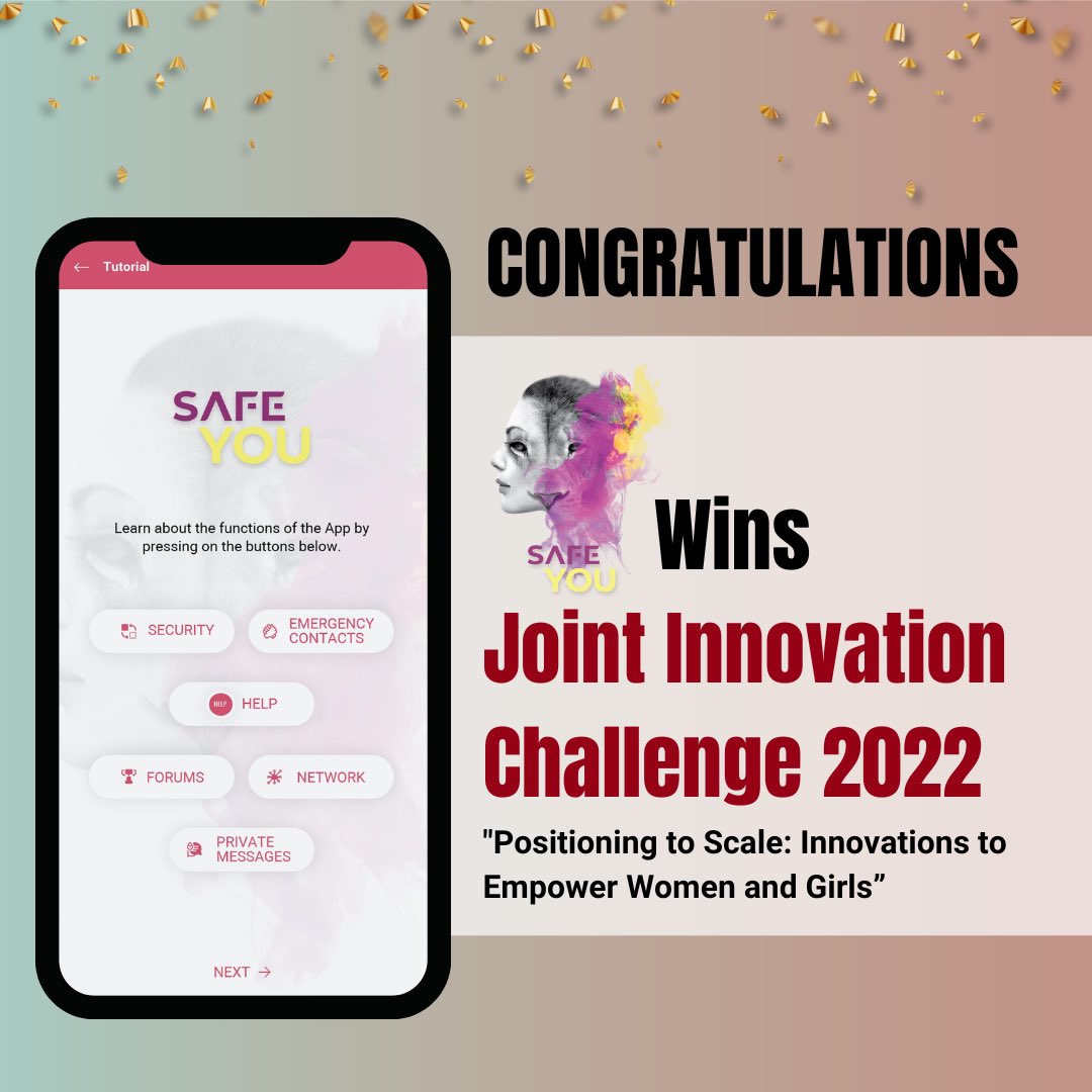 AIWAconnects's tweet photo. Congratulations to Safe YOU @SafeYOUapp1 for being one of the winners of the Joint Innovation Challenge 2022, "Positioning to Scale: Innovations to Empower Women and Girls." 

@Mariam_SafeYOU 

Learn more about the app on https://t.co/m2SBefNyfE 

#SafeYOU #GenderBasedViolence https://t.co/zz3NbvXrku