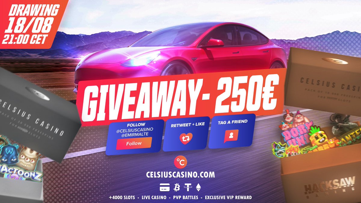 emirmalte's tweet photo. Celsius lance sont plus gros évènement ! Il suffit de jouer sur le site pour obtenir des tickets 🎁 

Le premier remporte une Tesla Model 3 🔥

Pour l'occasion Celsius offre 25€ à 10 d'entre vous 🤑 :

Like ❤️ Follow @emirmalte &amp; @celsiuscasino

TAS dans 5 jours, bonne chance 🥳 https://t.co/Rq5BZ5etPW