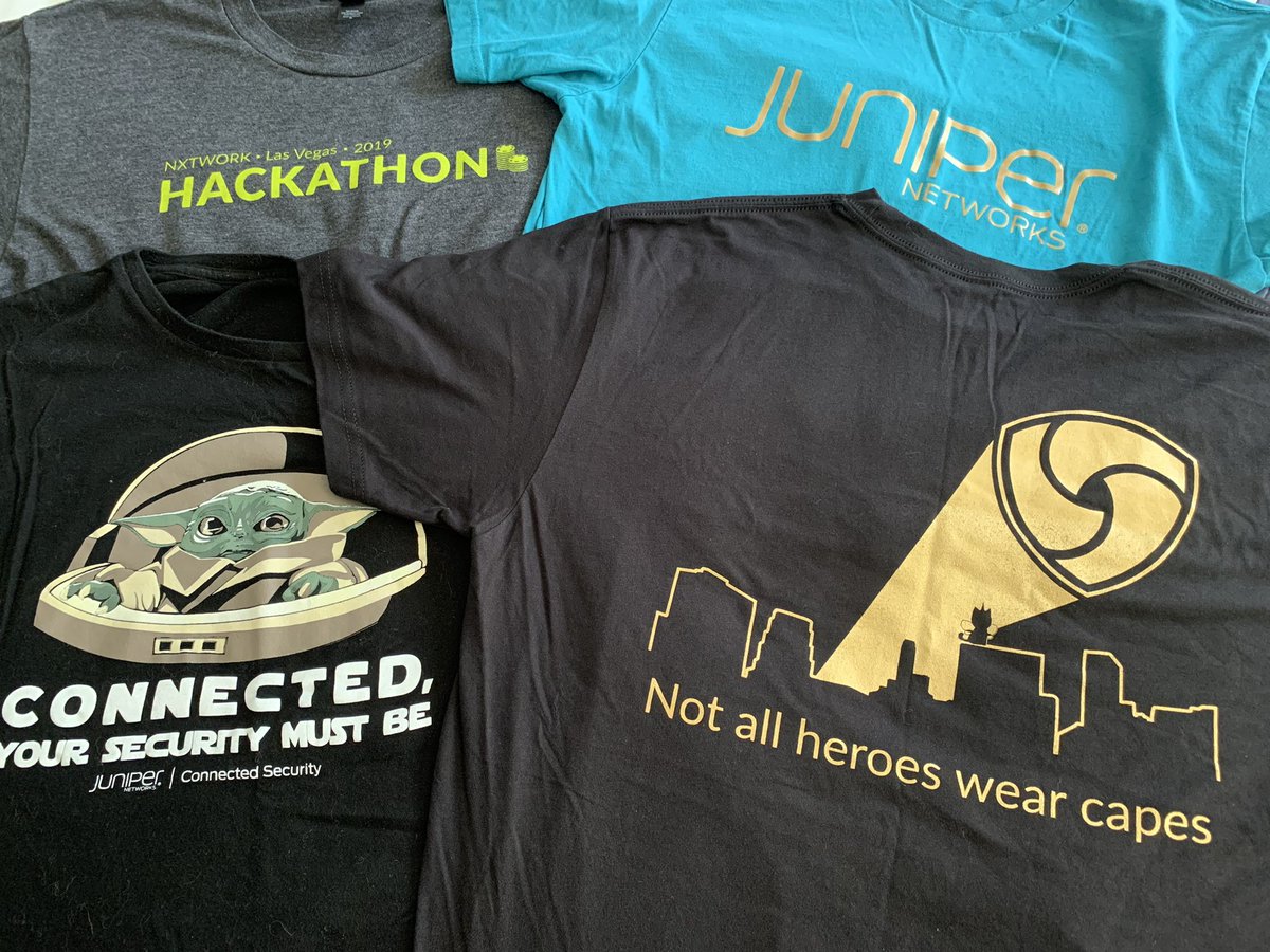 CyberwireB's tweet photo. @kristenjohal @SecuritySparkle great to see you both! I seem developing quite the @JuniperNetworks t-shirt collection. LOL. https://t.co/XsqK0pe2xw