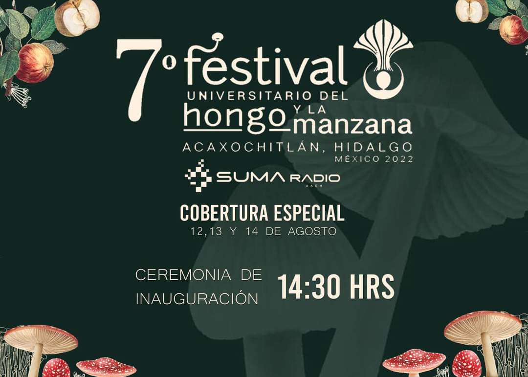 RadioUAEH's tweet photo. Te invitamos a seguir las frecuencias de #SUMARadio en punto de las 14:30 hrs para disfrutar de la inauguración del Festival Universitario del Hongo y de la Manzana
#UAEH @SumaUaeh
🍄🍎🍄🍎 https://t.co/F442zGNvZF