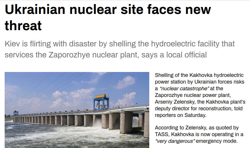 theLemniscat's tweet photo. More threats to the Zaporozhye nuclear power plant by insane Kiev

"The shelling the Kakhovka hydroelectric power station, by Ukraine's forces could cause a disaster, as the nuclear facility would be deprived of the water needed to cool its reactors." https://t.co/NZU6C4IMqv