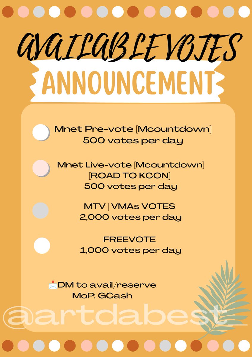artdabest_'s tweet photo. - AVAILABLE VOTES -

📌Mnet Pre-vote [Mcountdown]
500 votes per day

📌Mnet Live-vote [Mcountdown] [ROAD TO KCON]
500 votes per day

📌 MTV | VMAs Votes
2,000 votes per day

📌 FREEVOTE
1,000 hearts 

📩DM to avail/reserve
MoP: GCash
#fordalegititech x #ARTPRF https://t.co/MYpgPmQ9TS