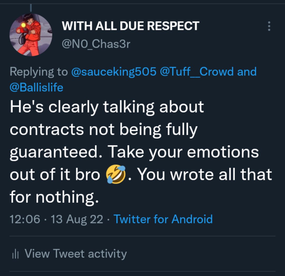 N0_Chas3r's tweet photo. @sauceking505 @kenneth_dunson @Tuff__Crowd @Ballislife Where do you see "not reading all that bro"? Again, your emotions must have affected your ability to read properly 😂. https://t.co/cRZGJF6WIC