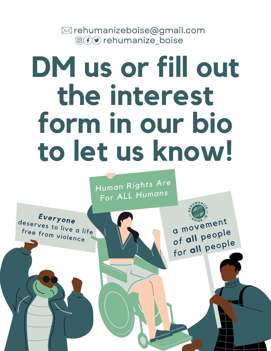 RehumanizeBoise's tweet photo. If you are interested in joining the movement, the best way to let us know is by messaging or emailing us, or by filling out the the form linked in our bio.
We can’t wait to hear from you! https://t.co/7Q6t8hQy1J