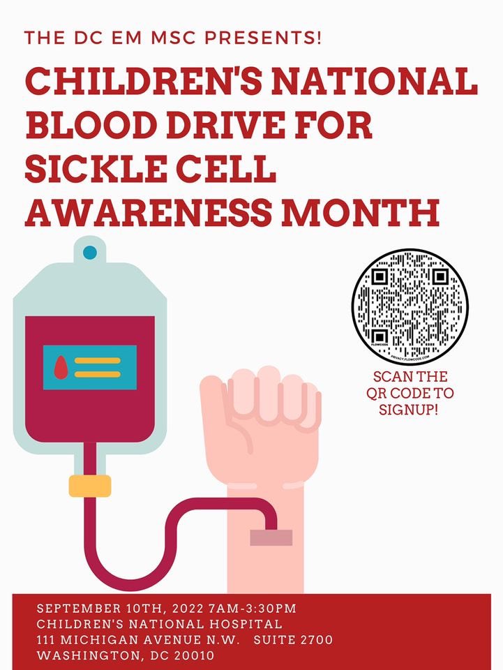 msc_dc's tweet photo. For Sickle Cell Awareness Month, DC EM Medical Student Council will be hosting a blood drive in collaboration with Children’s National Hospital! Use the QR code to sign up to help! https://t.co/VIJkuDZRUx