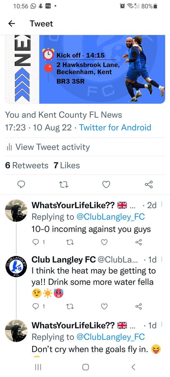 LangleySportsFC's tweet photo. An emphatic win for the lads today in our final pre-season match. Gotta take this form into or season opener, Tuesday evening against @Belvedere_FC 
Not quite the 0-10 drubbing of us predicted by @WhatsYourLifeL2 🤣🔥💦 thankfully screenshotted the tweet before it was deleted 🤪 https://t.co/zEF8pfVgFs