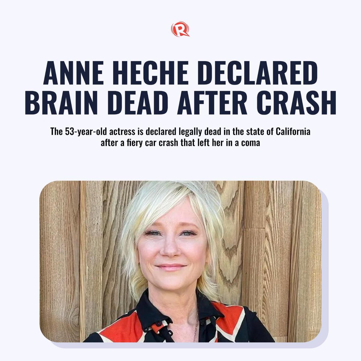 rapplerdotcom's tweet photo. US actress Anne Heche was declared legally dead on Saturday, August 13 (Philippine time) according to California law, a week after a fiery car crash that left her in a coma.

https://t.co/t2TrqGwkAj https://t.co/sQ4nChBJ16