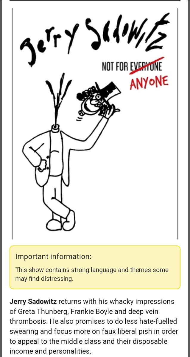 LiliVonSchtupit's tweet photo. @RealJSadowitz @euanmccolm WTF? How dare @eicc & @ThePleasance book & sell tickets to a show with THIS publicity & notorious performer THEN have the temerity to CANCEL it! Denying the adults who paid to see @RealJSadowitz the rare chance to draw their own conclusions on his act?#BadPrecedent
#FreeSpeech ✊🏻 https://t.co/XlOPgwtI4z