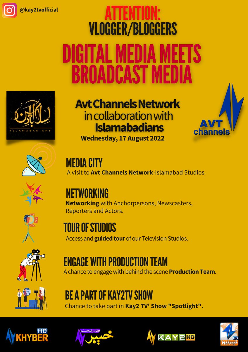 kay2tv's tweet photo. Digital Media Meets Broadcast Media
#AVTChannels Network in collaboration with @Islaamabad
#Bloggers #Vloggers #Youth #DigitalMedia #BroadcastMedia #Kay2TV #Islamabadians https://t.co/RehLjU7ZyF