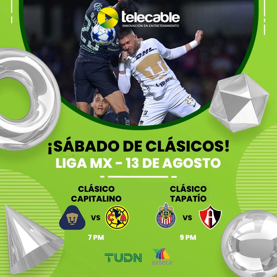¡Este será un sábado histórico con 2 de los mejores clásicos en un mismo día! No te pierdas los emocionantes encuentros, a las 7 pm el #clásicocapitalino #pumasvsamérica, y a las 9 pm el #clásicotapatío #chivasvsatlas

¿Quiénes saldrán triunfadores? Compártenos tu pronóstico 🤩⚽️