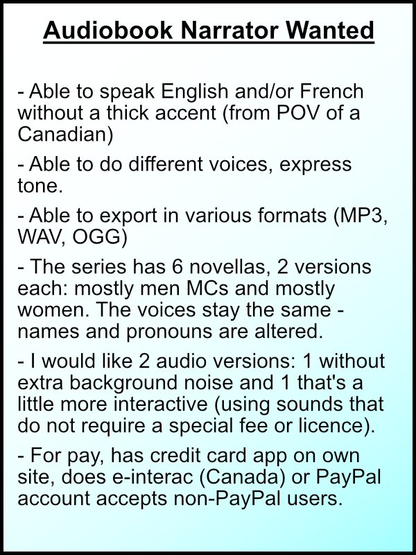 QueerFoxTales's tweet photo. #audiobookNarrator #narratorSearch #narratorWanted #audiobookMaking #audioWork #audioJob #voices #narrator #voiceActor #languages #ACoolTagThatLeadsToAnswers
I can also be contacted at homobotstales@protonmail.com
Please put a related subject line though as I get a lot of spam. https://t.co/THtklaeF2a