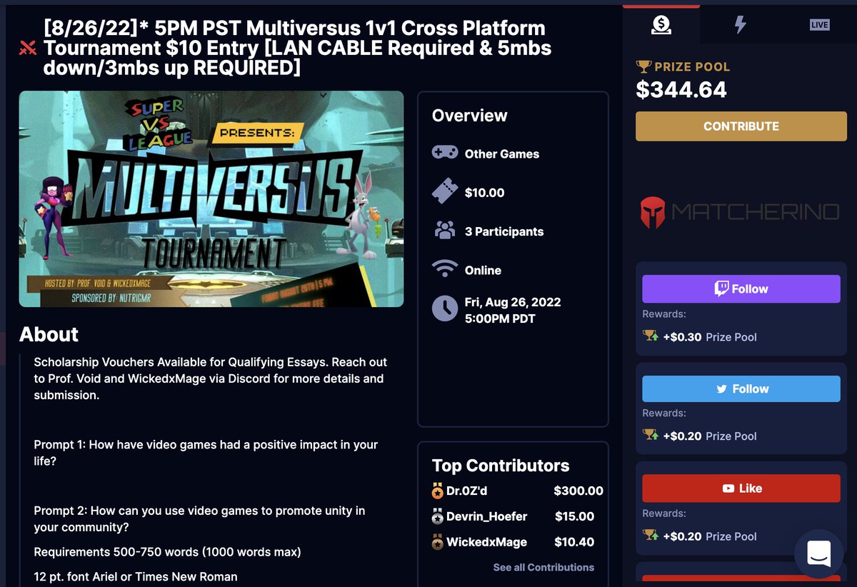 ProfVoid's tweet photo. 2/2 The next @SuperVSLeague tournament will be #multiversus August 26th: https://t.co/GWfx6JyLAZ

$10 Entry
$344+ Prize pool
#esports #scholarships available to cover entry fee.
Friday August 26th 

Matcherino tasks to add free money to the prize pool! 

tune into the void! 📺🧑‍🚀 https://t.co/ffL4TYhbxR