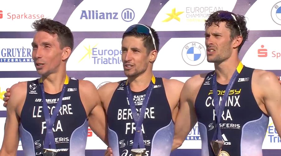 #Championnatseuropéens2022 : triplé historique des Français en #triathlon 🇫🇷💪🏼

Le nouveau champion d'Europe, Léo Bergère s'est imposé devant ses compatriotes Pierre Le Corre et Dorian Coninx, samedi à Munich. 

Ils sont vraiment phénoménaux ! 🇫🇷