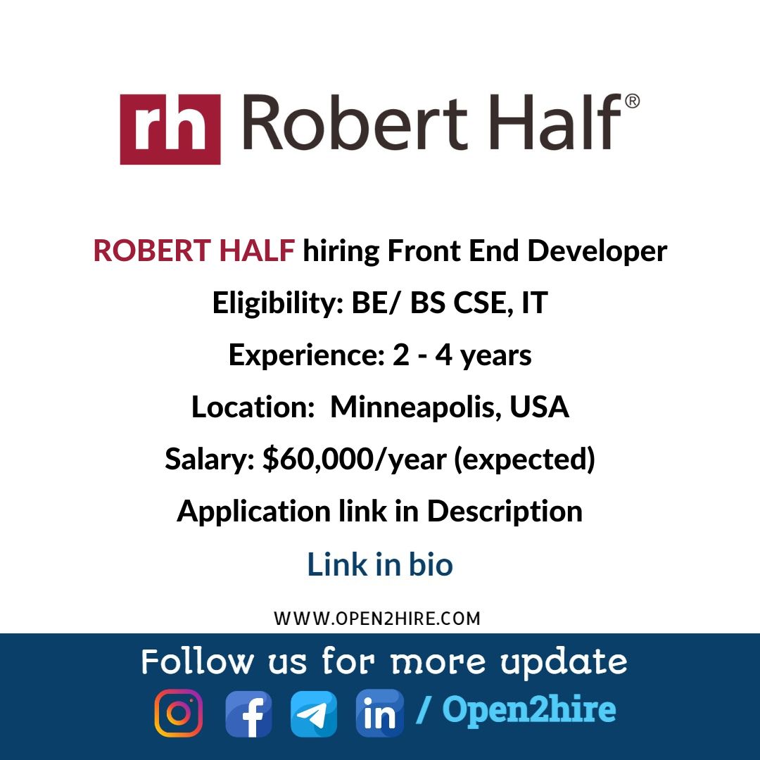 Front End Developer Jobs in Robert Half, USA | Front End Developer Jobs

Apply: open2hire.com/2022/08/front-…

follow @open2hire

#frontenddeveloper #jobs #job #hiring #jobs2022 #jobsinusa #itjobs #engineeringjobs #vacancy #jobsinUK #jobsinAustralia #open2hire #softwarejobs  #careertip