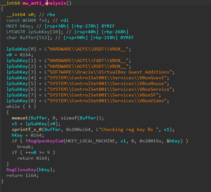WhichbufferArda's tweet photo. Unpacked Bumblebee loader performing some anti analysis checks, this technique was copied from open source project called "al-khaser" :=) https://t.co/JspoYy6NXa