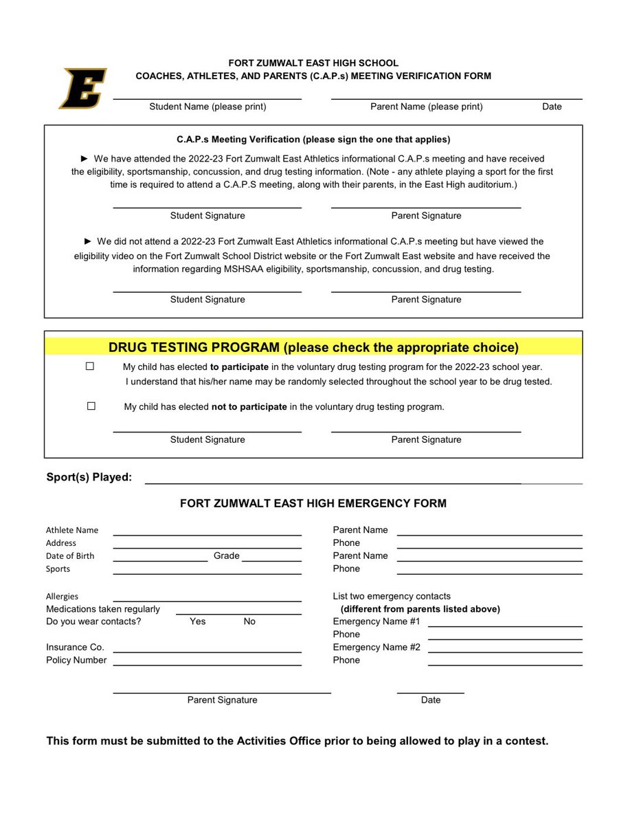 FZEVolleyball's tweet photo. Hey VB FAM! ⤵️

-New families to East need to attend the CAPS Meeting in the auditorium on Aug 16th at 6:30pm

-Returning families need to fill out the link below or print off a paper copy below!
https://t.co/mK0Cg39ZkH

This needs to be completed before you can play in a match! https://t.co/EDRvpudi9a