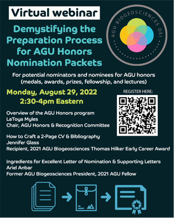 AGU_Cryo's tweet photo. Interested in learning about the AGU Honors nomination process? Check out the webinar held by @AGUbiogeo's DEI committee on August 29th at 2:30 PM ET! 

Registration: https://t.co/UXNzuzZEMe https://t.co/jqbWvb65YX