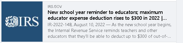 MerhdaAsheghian's tweet photo. New school year reminder to educators; maximum educator expense deduction rises to $300 in 2022
https://t.co/NofGTKggKh https://t.co/p2fRaxHeAf