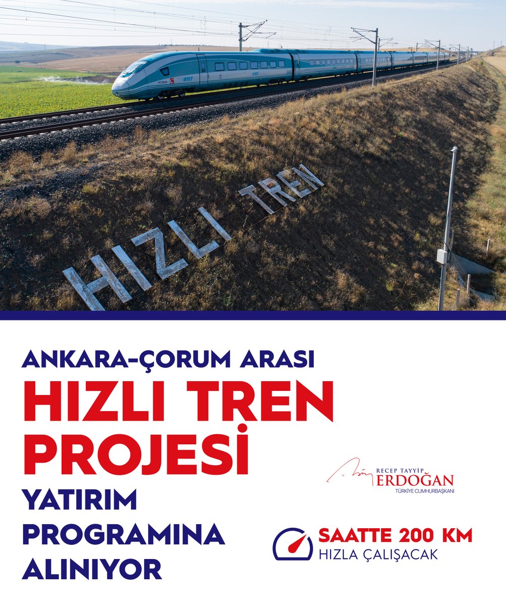 Saatte 200 kilometre hız yapacak Ankara-Çorum Hızlı Tren Hattımızı yatırım programına alıyoruz. 

Hızlı tren hattının şimdiden şehrimize hayırlı, uğurlu olmasını diliyorum.