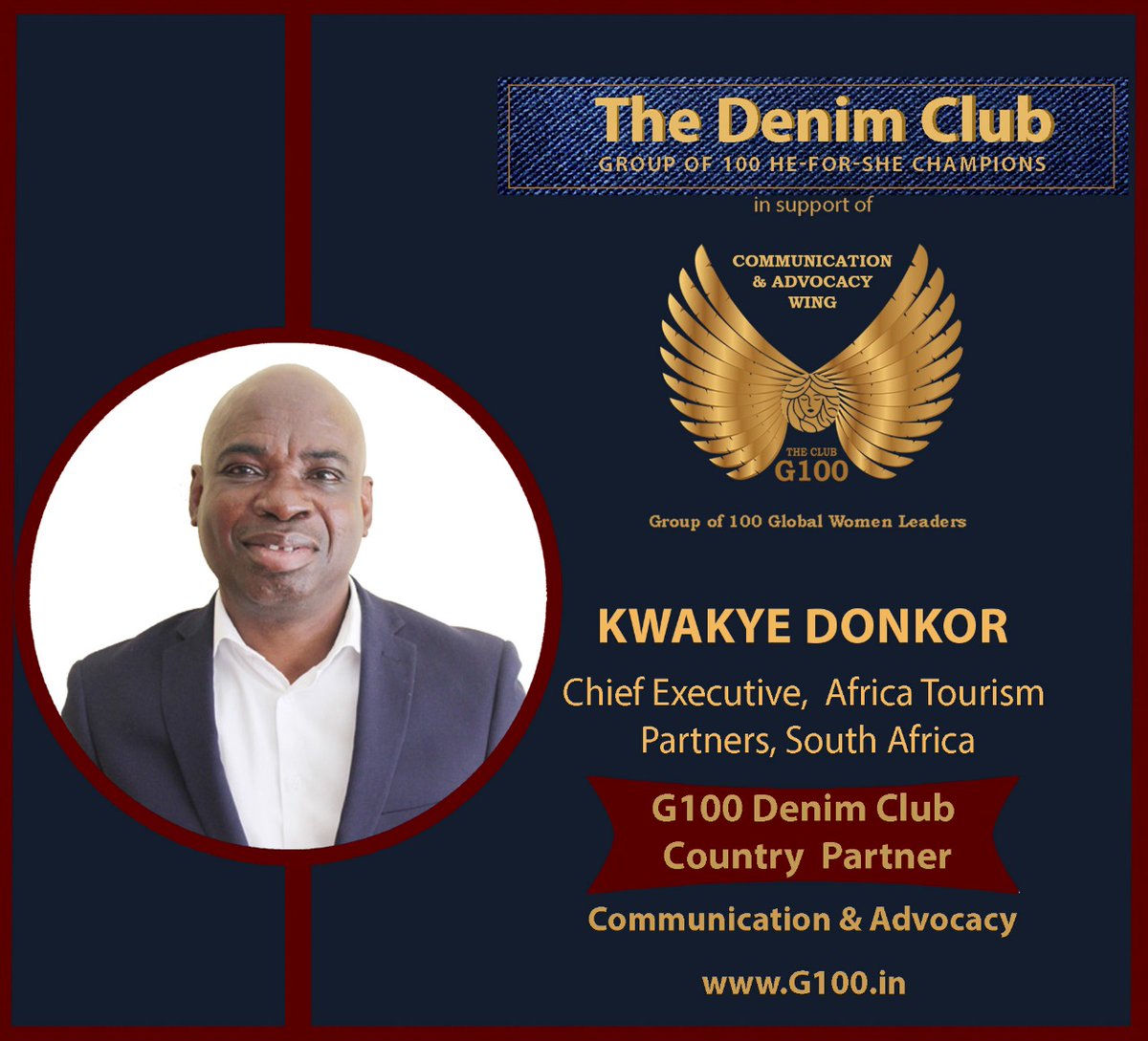 Africa Tourism Partners celebrates Chief Executive, Mr. Kwakye Donkor as a G100 Denim Club Country Partner.

To learn more visit The Denim Club website at: G100.in