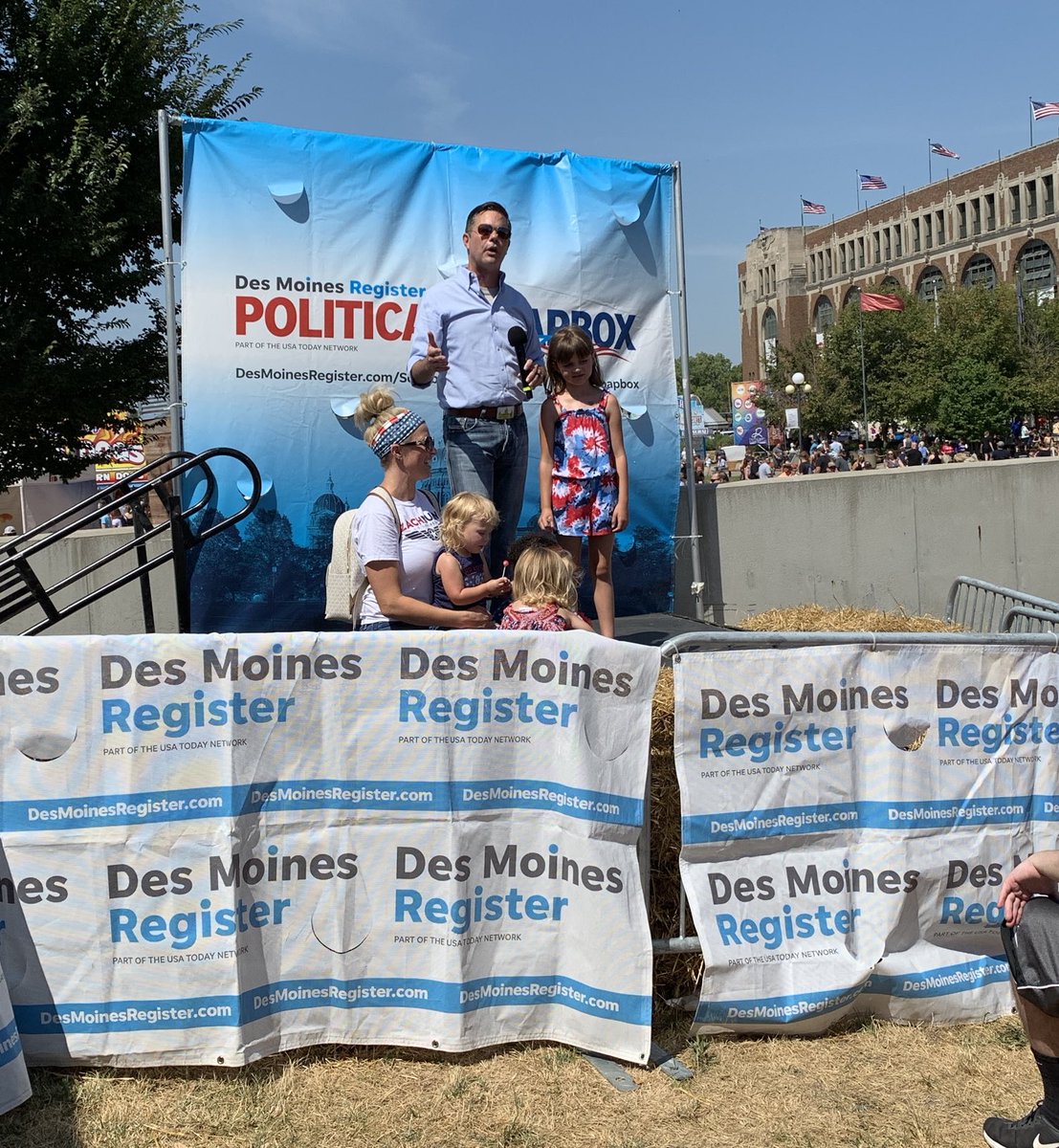 carolhunter's tweet photo. Zach Nunn, a Republican state senator from Bondurant, is on the Soapbox with his wife and four of his children. He’s seeking to represent the 3rd Congressional District, challenging incumbent Democrat Cindy Axne. ⁦@NunnForCongress⁩ ⁦@Axne4Congress⁩ https://t.co/MkODod6L1J