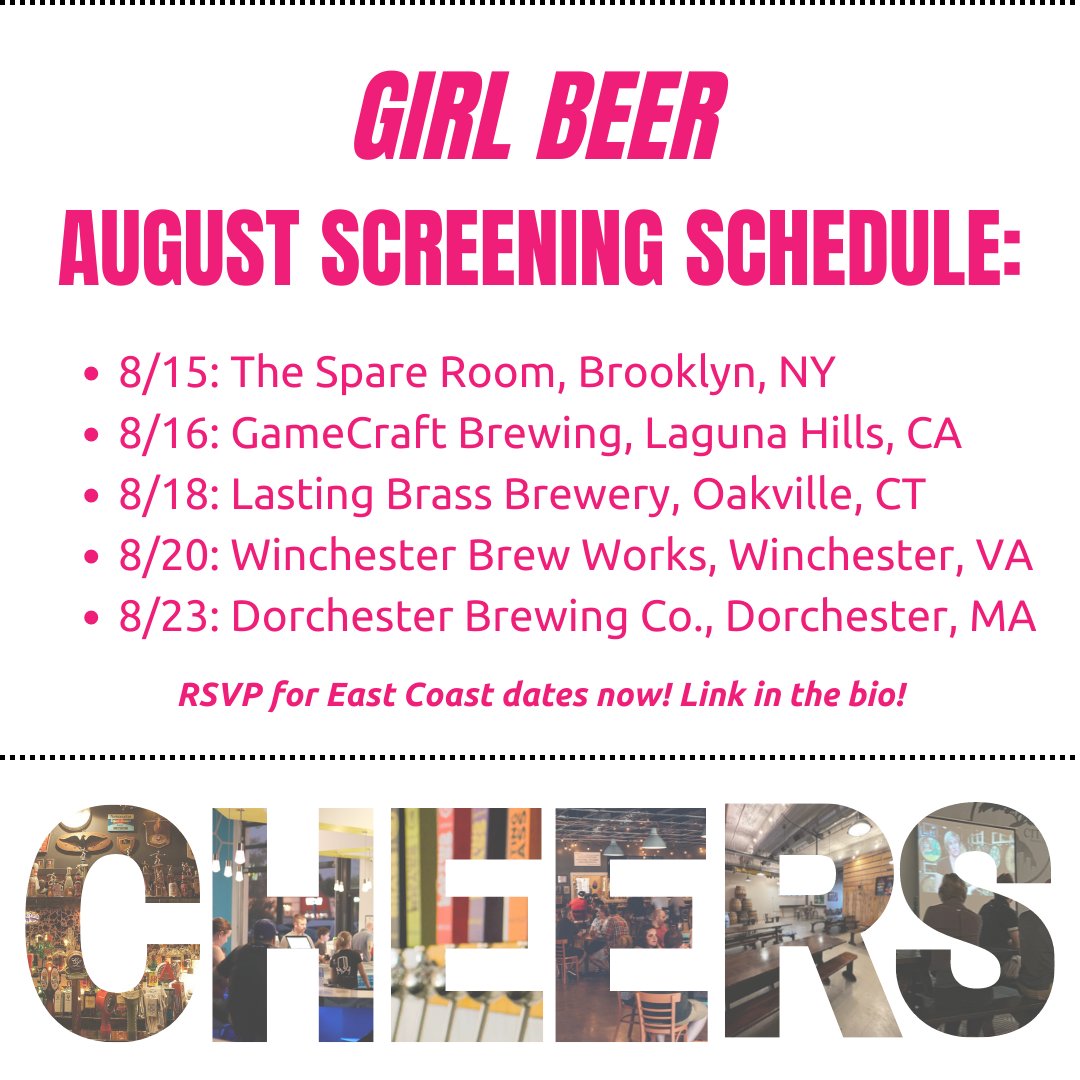 GirlBeerDoc's tweet photo. Here's our August screening schedule! Will we be seeing you? Don't forget to RSVP, East Coast (link in the bio)! SEE YOU SOON! 🍻 https://t.co/YaWMDDcGBb