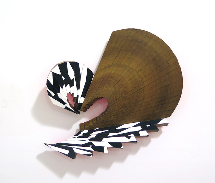 atriumgallery's tweet photo. Jim Nickel's "VP #47a,"  presents an intricate curve of an image composed of enamel (alternating black and white) on beautifully finished Osage Orange wood. The shape of this piece allows a clear reflection for the red underpainting typically seen in Nickel’s recent work. https://t.co/mAkpSI7TY9