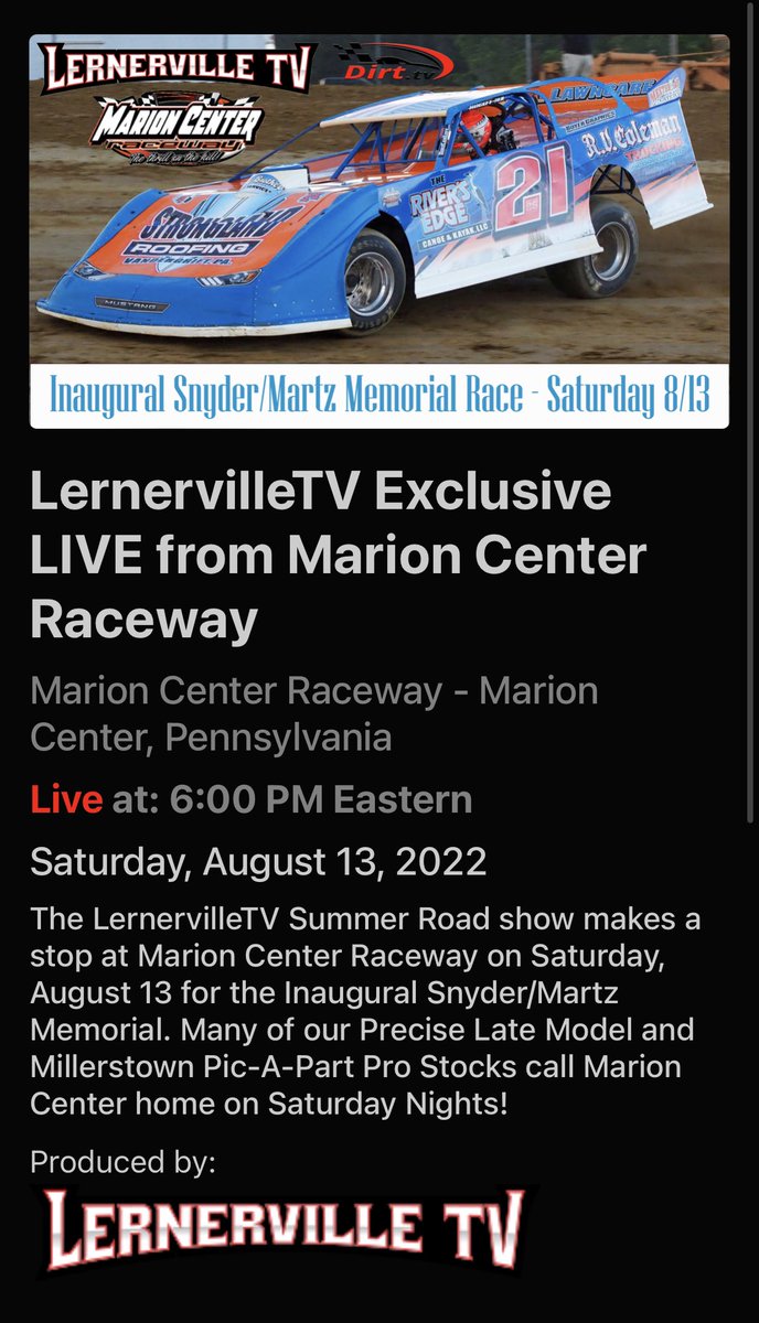 Night 3 of the LernervilleTV Summer Road Show finds us in scenic Indiana County for the Snyder/Martz Memorial at Marion Center Raceway