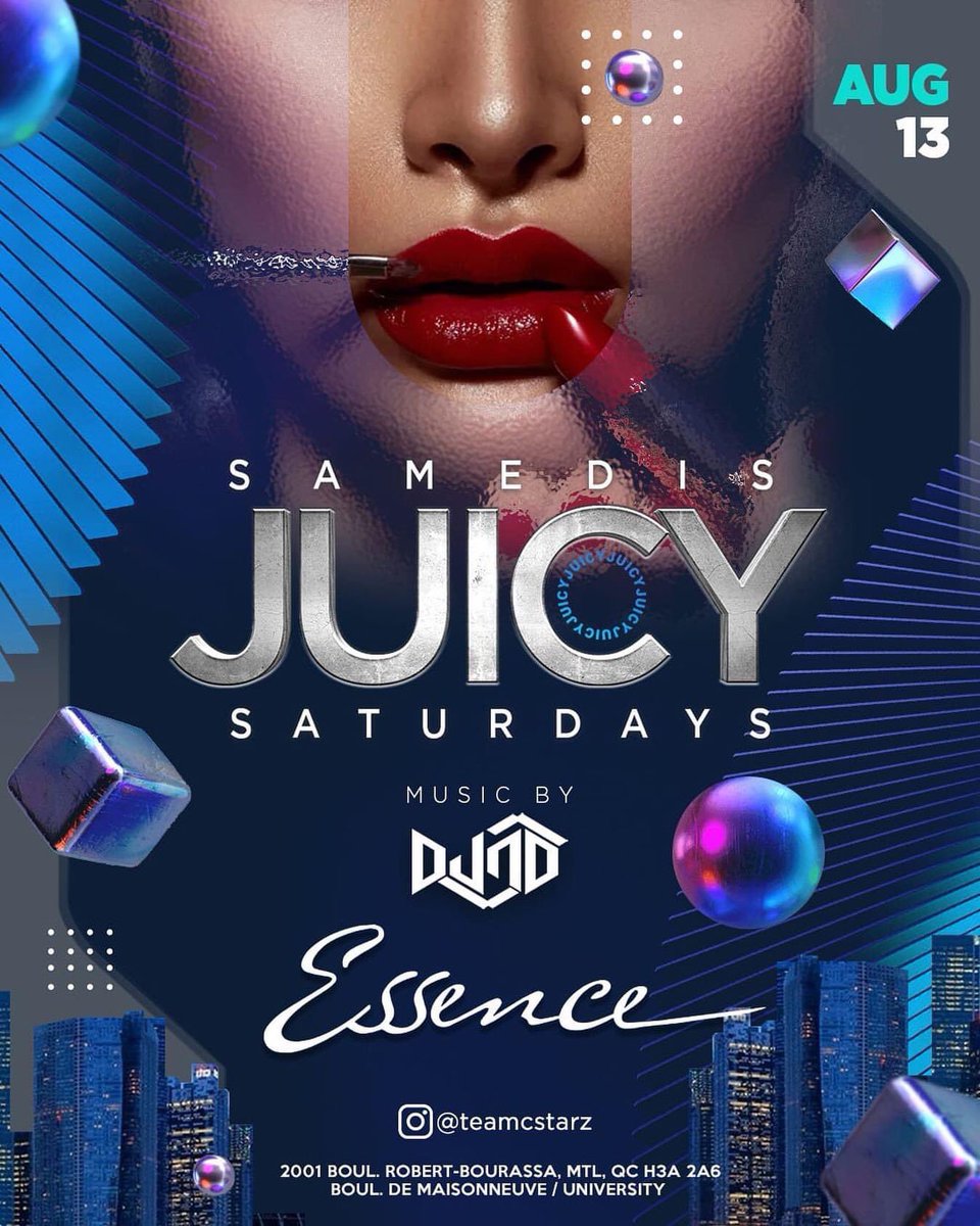 TeamCstarz's tweet photo. Samedi = Club Essence

Aujourd'hui nous sommes au Club Essence comme à tous les samedis avec la meilleure musique latine de @iamdeejaynd 

Arrivez tôt pour profiter de nos spéciaux au bar.

#cstarz #teamcstarz #essencelounge #clubessence #juicysaturdays #latinsaturdays https://t.co/H3XfU9ZBGS