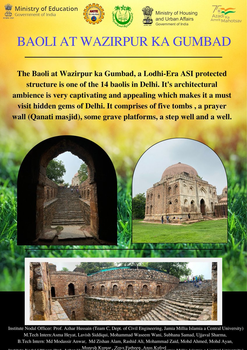 lavish2101742's tweet photo. Mission Amrit Sarovar- Jal Dharohar Sanrakshan
Water body: Baoli at Wazirpur ka Gumbad, Delhi
Institution Name: Department of Civil Engineering ,Jamia Millia Islamia,New Delhi
#MissionAmritSarovar
#AzadiKaAmritMahotsav 
@AICTE_INDIA 
@MoHUA_India 
@jmiu_official https://t.co/v4Lcms1xWU